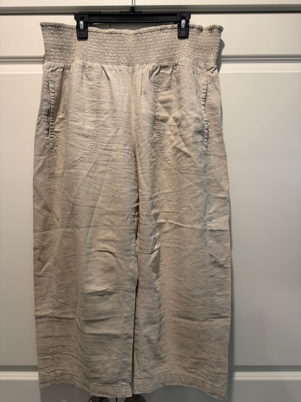 Anthropologie Smocked-Waist Cropped Wide-Leg Pants in Light Beige